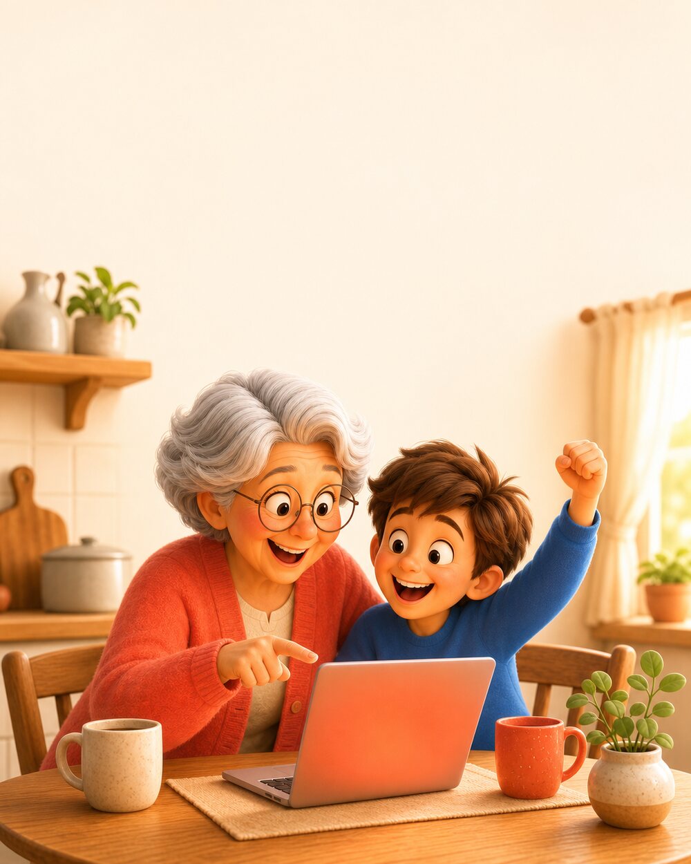 A grandparent and grandchild learning together at a laptop