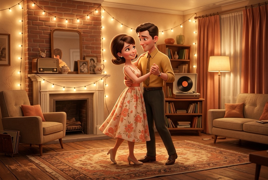 A warm Pixar-style illustration of a young couple sharing a first dance, an example of a memory turned into a picture
